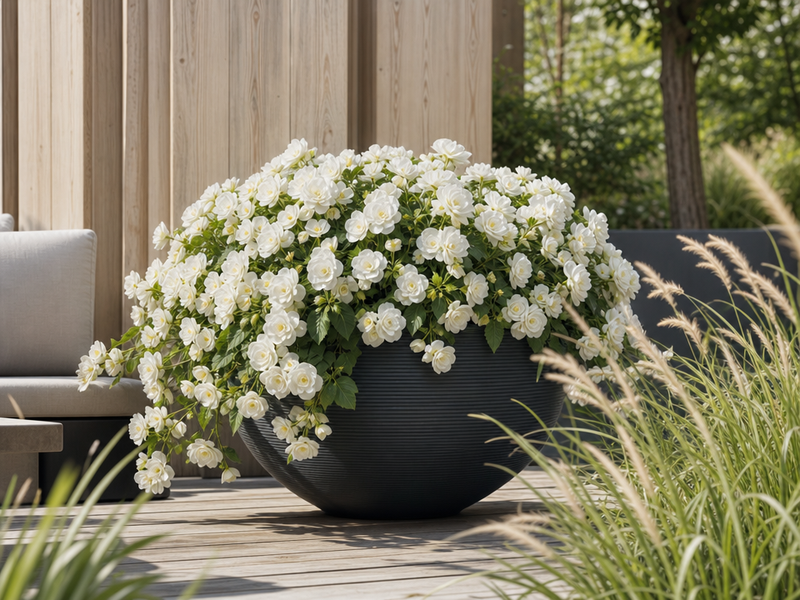 pot à fleur extérieur noir-design-moderne-bégonia-blanc