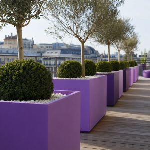 Jardinières design contemporaines en mauve et lilas sur terrasse urbaine