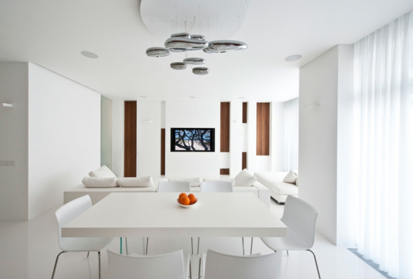 salle manger salon moderne design blanc lustre métallique