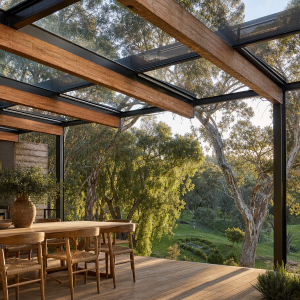 Terrasse en bois sous toiture transparente avec poutres aluminium et verre
