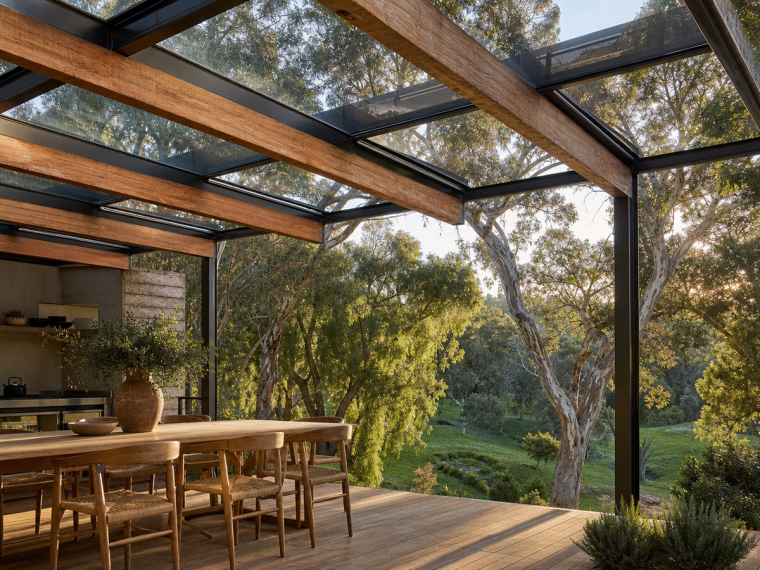 Terrasse en bois sous toiture transparente avec poutres aluminium et verre