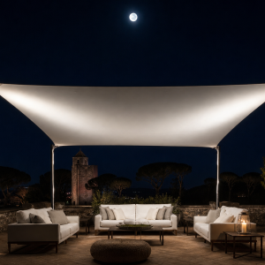 Voile d'ombrage autoportant rectangulaire blanc sur terrasse de nuit avec canapés modernes