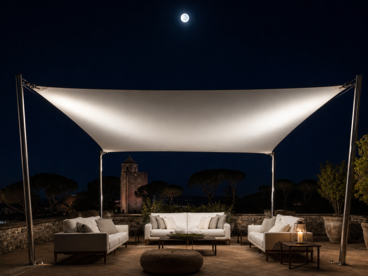 Voile d'ombrage autoportant rectangulaire blanc sur terrasse de nuit avec canapés modernes