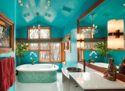 amenagement-salle-bains-couleur-turquoise-baignoire-ovale
