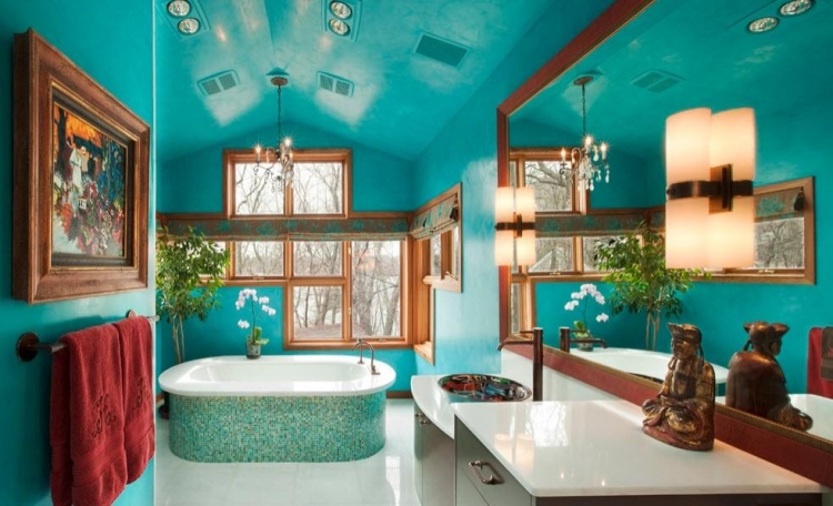 aménagement salle de bains couleur-turquoise-baignoire-ovale