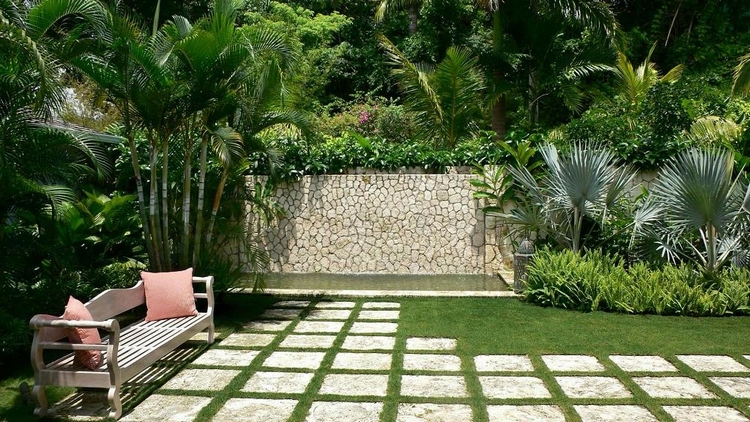 aménagement jardin touche exotisme palmiers dalles