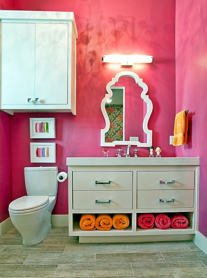 aménagement salle de  bains  accents-roses-orange