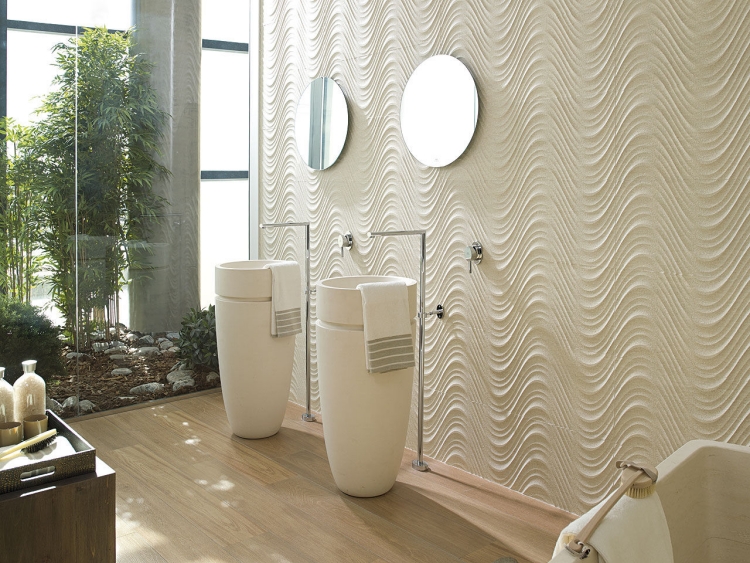 carrelage-mural-salle-bains-crème-motifs-ondes-CRETA-MARFIL-procelanosa carrelage mural salle de bains
