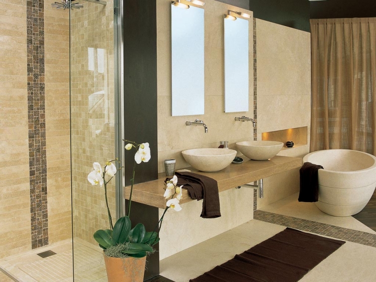 carrelage-mural-salle-bains-mosaique-beige-motifs-marron carrelage mural salle de bains