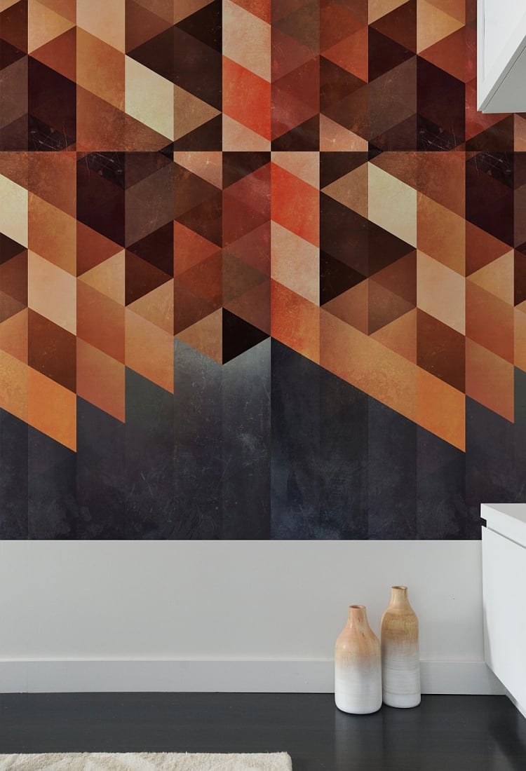 carrelage-mural-salle-bains-motifs-géométriques-marron-orange-rouge