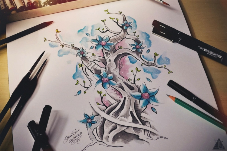dessin-tatouage-aquarelle-arbre-fleurs-bleu-rose