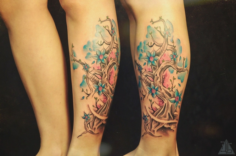 dessin-tatouage-aquarelle-arbres-fleurs-pied dessin tatouage