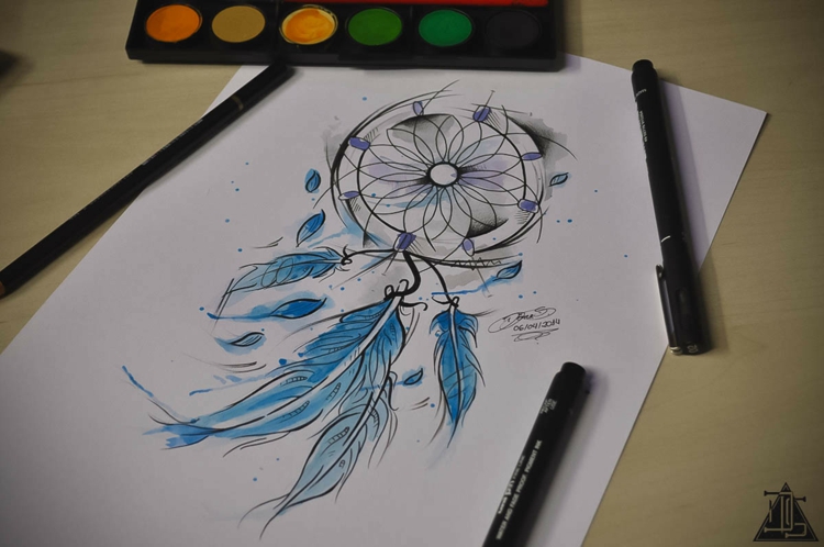 dessin-tatouage-aquarelle-dessin-dreamcatcher-bleu-lilas