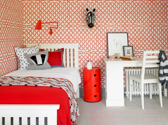 décoration chambre enfant papier-peint-rétro-blanc-rouge