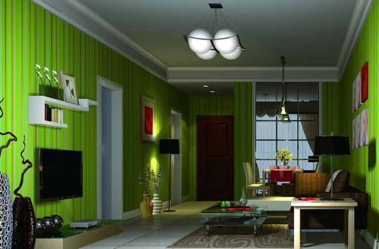décoration-murale-salon-papier-peints-verts-rayures-verticales