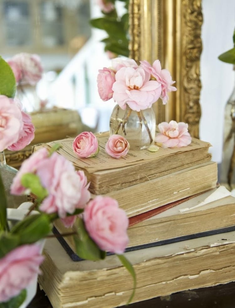 décoration style shabby-chic livres anciens roses pâles