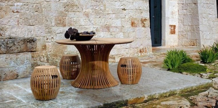ensemble-table-ronde-tabourets-lattes-teck meubles de terrasse luxe