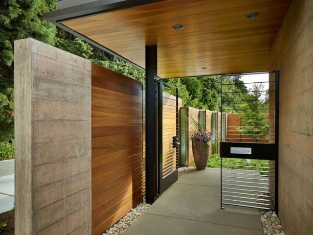 entrée de maison extérieure design moderne auvent bois