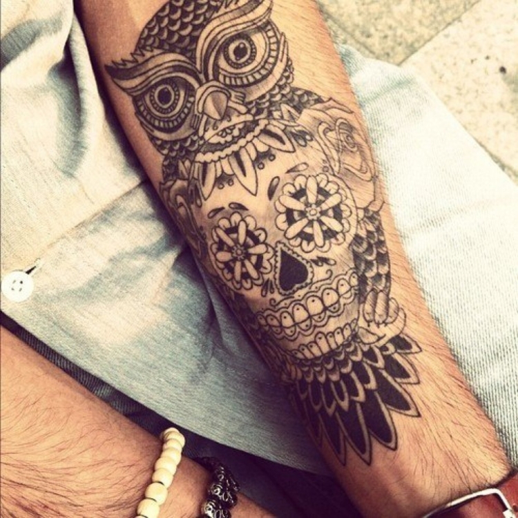 idée-tatouage-avant-bras-crâne-mexican-hibou