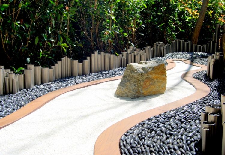 jardin zen japonais roche sable galets plantes