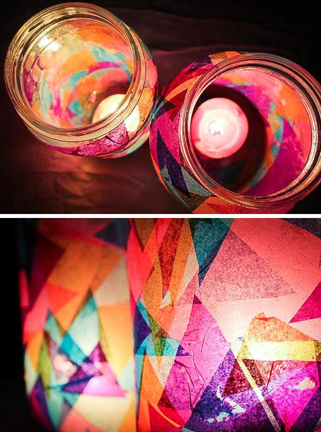 lanterne-exterieur-bocal-triangles-tissu-multicolores lanterne extérieur