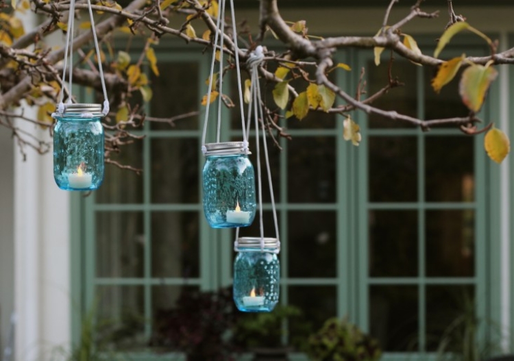 lanterne-exterieur-bocal-verre-bleu-bougies lanterne extérieur
