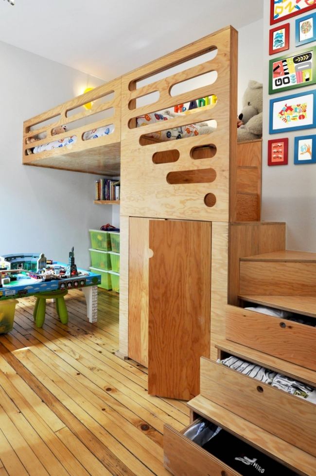 lit pour enfant peu-encombrant-lit-mezzanine-bois-rangement