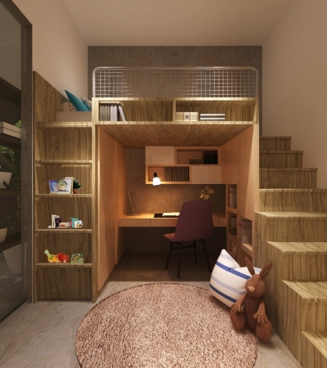 lit pour enfant peu encombrant-lit-mezzanine-étagères-escalier-bureau