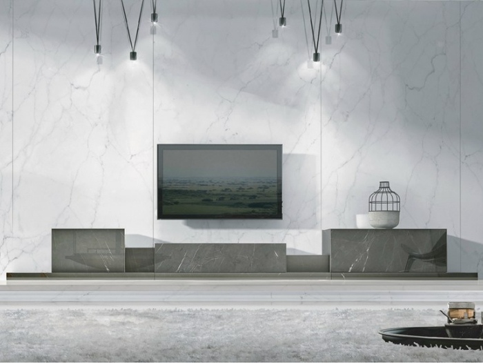meuble-tv-design finition aspect-marbre-gris-Podium-TCC-Whitestone