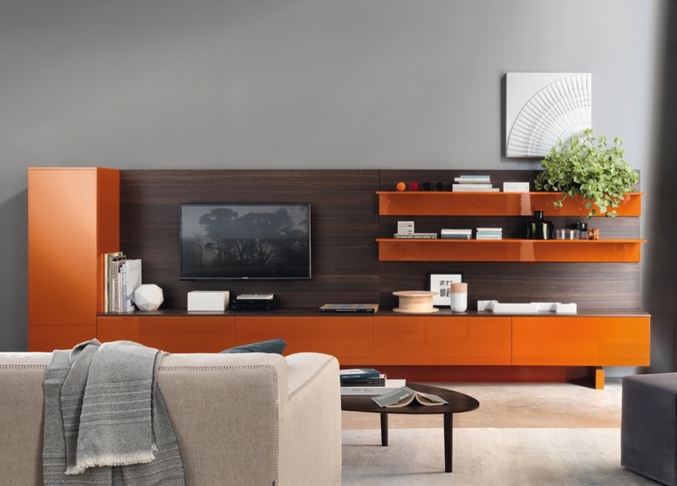 meubles salon armoires-rangement-couleur-orange-canape