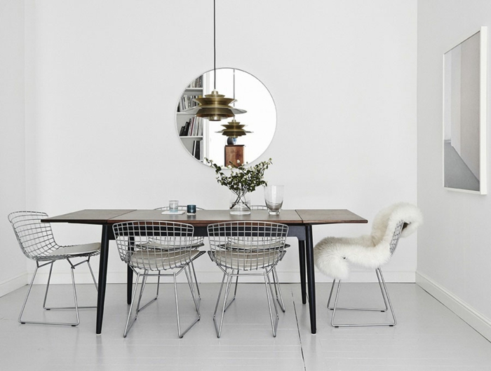 miroir-rond suspension chaises table manger design scandinave