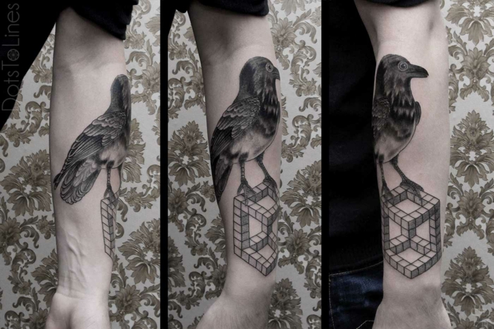modele-tatouage-avant-bras-forme-geometrique-corbeau-3D-effet