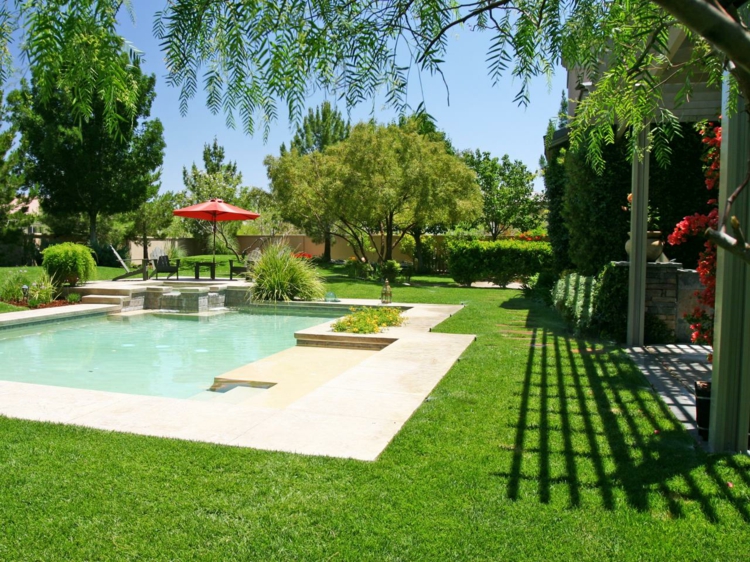 piscine de jardin touche méditerranéenne-pelouse-verte
