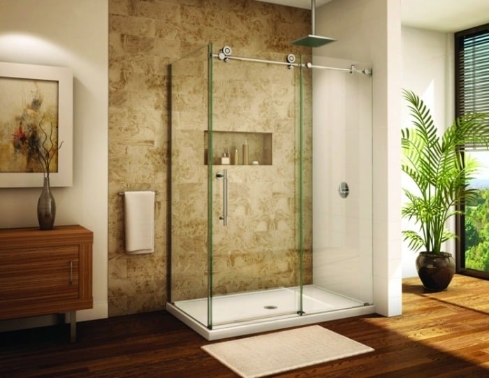 porte-douche-coulissante-verre-carrelage-aspect-pierre porte de douche coulissante