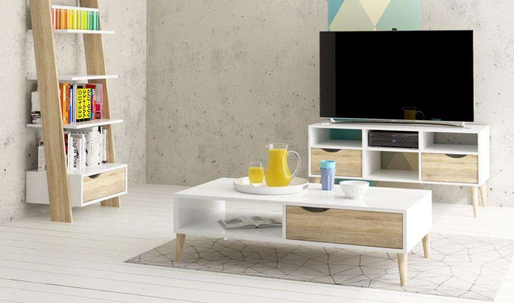 table basse en bois et blanc dotée d'un tiroir pratique table basse blanche -piétement-bois-blond-tiroir-bois