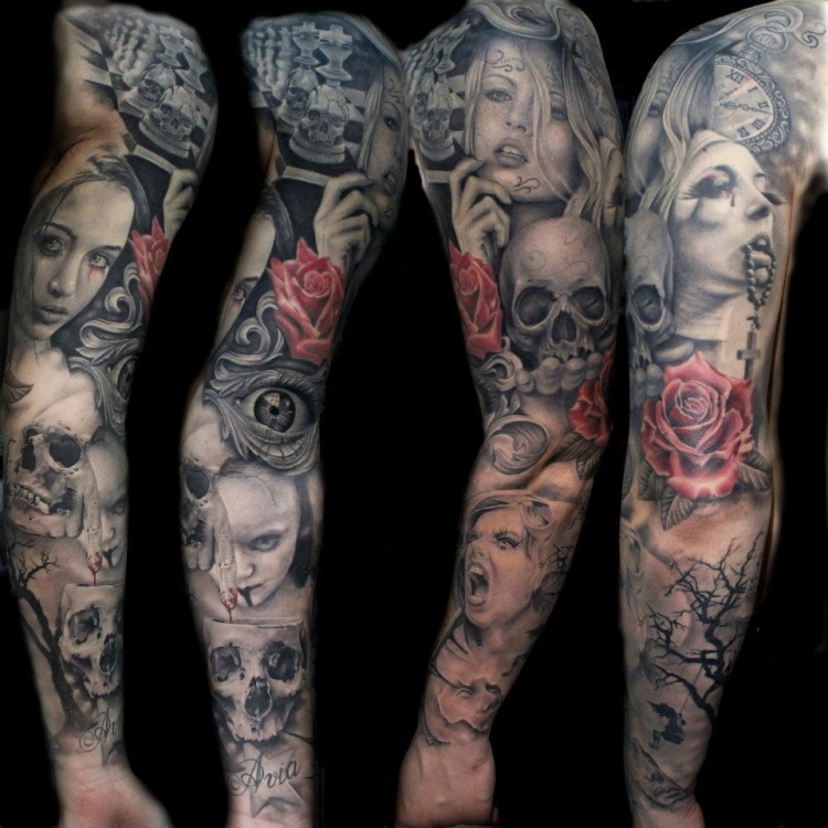 tatouage bras complet homme graphique rose rouge