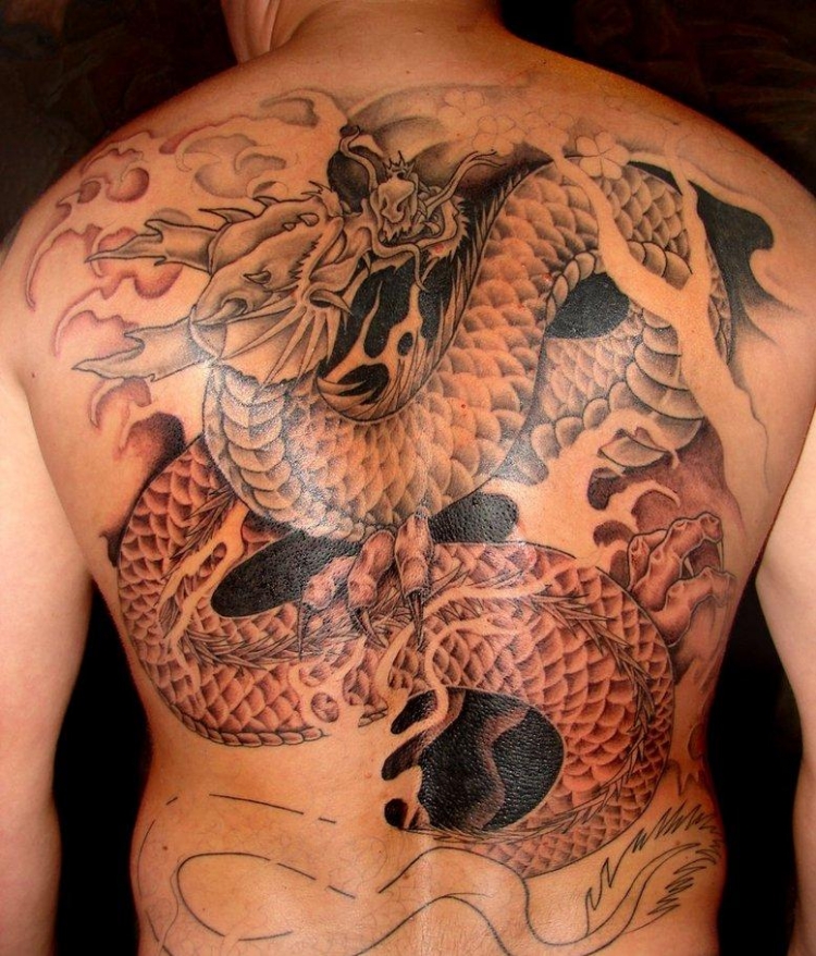 tatouage dragon chinois style-graphique dos homme