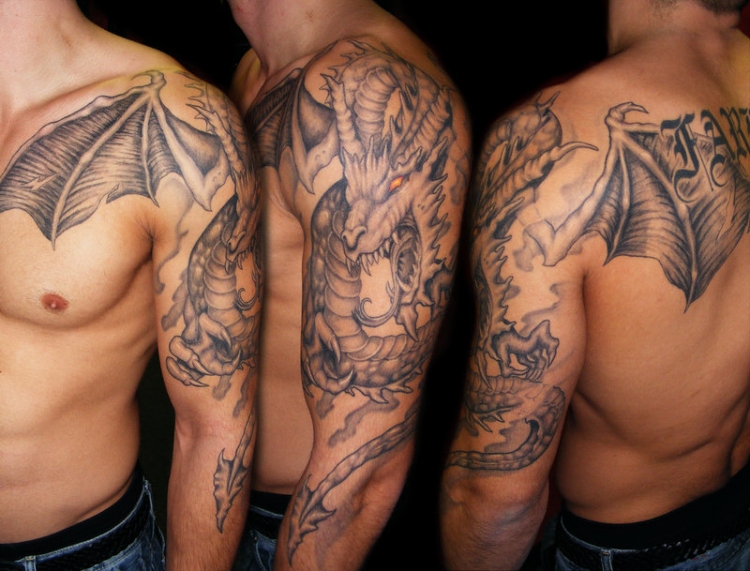tatouage dragon européen sans couleur homme bras