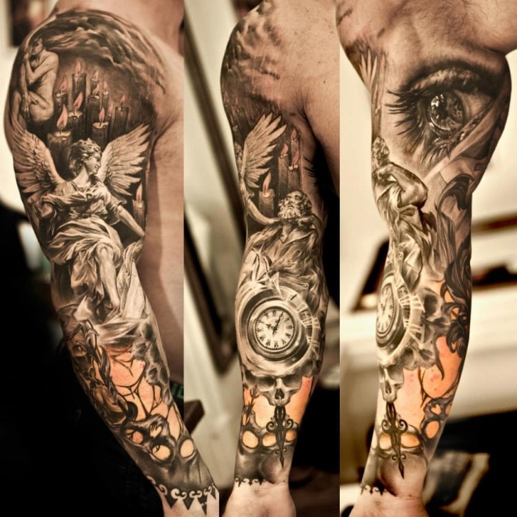 tatouage homme bras complet style hyperréaliste