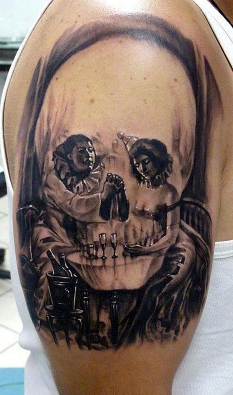 tatouage homme bras illusion optique crâne-dîner-deux