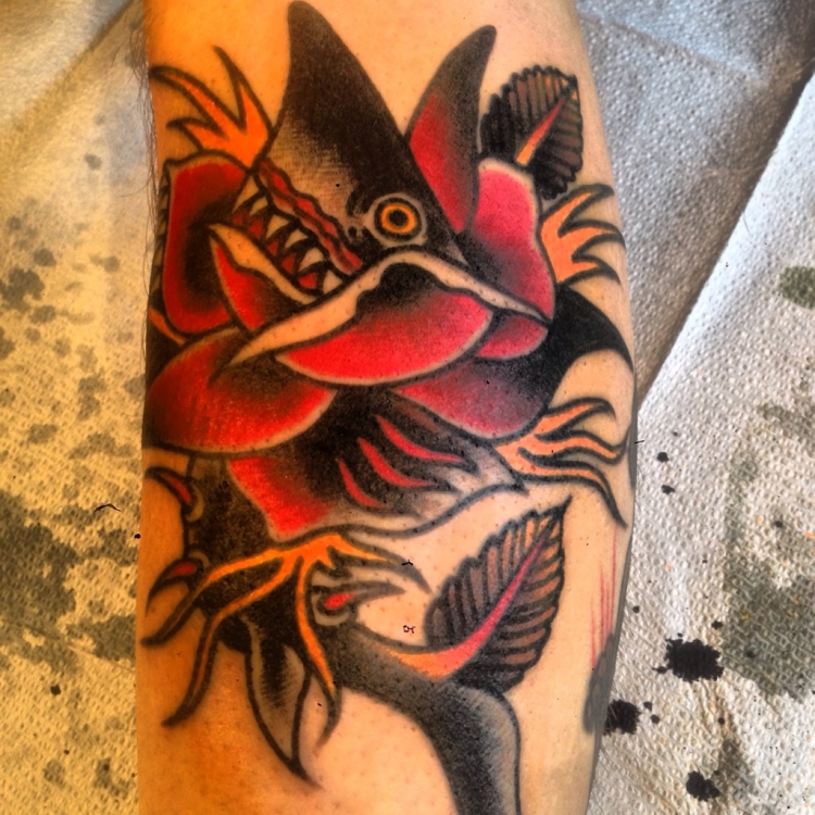 tatouage-homme-bras-morphe-rose-requin