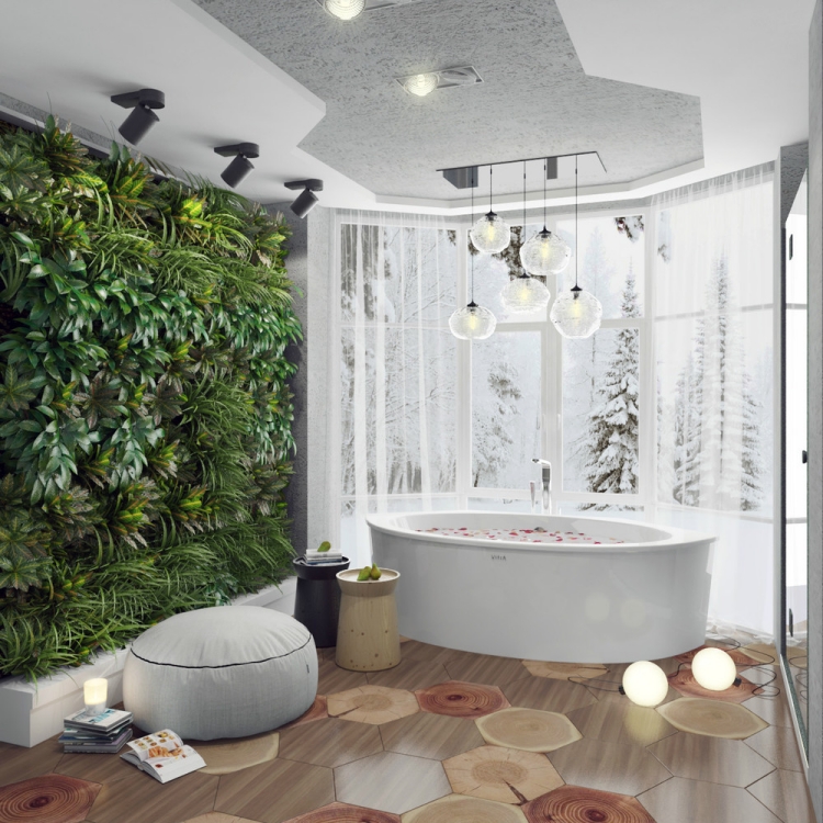Idee-salle-de-bain-tedances-2015-mur-vegetal-baignoire-ovale-deco-pouf