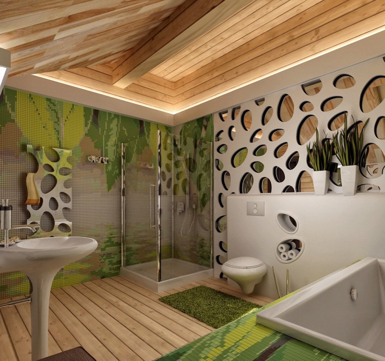 Idée salle de bains tedances-revetement-sol-bois-deco-murale