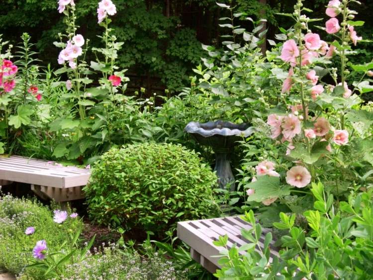 aménagement-jardin--fleurs-deco-banc-bois