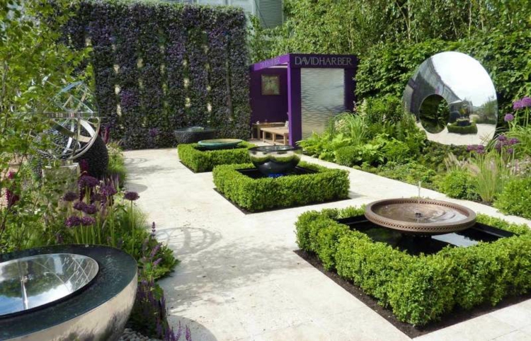 arbuste-persistant-jardin-moderne-fontaines-buis-mur-végétal