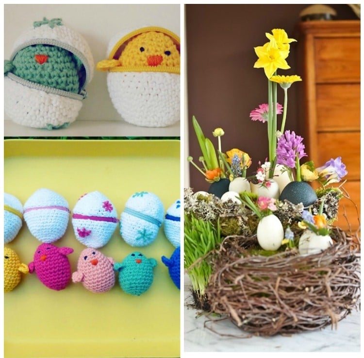 bricolage-decoration-printemps-coquilles-œufs-arrangement-fleurs-oeufs-tricotés
