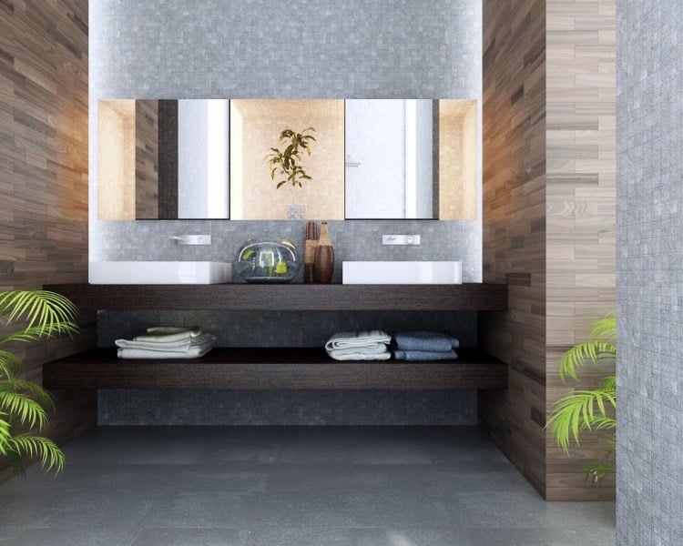 carrelage salle de bains mosaïque grise-plaquette-bois-vasques-poser