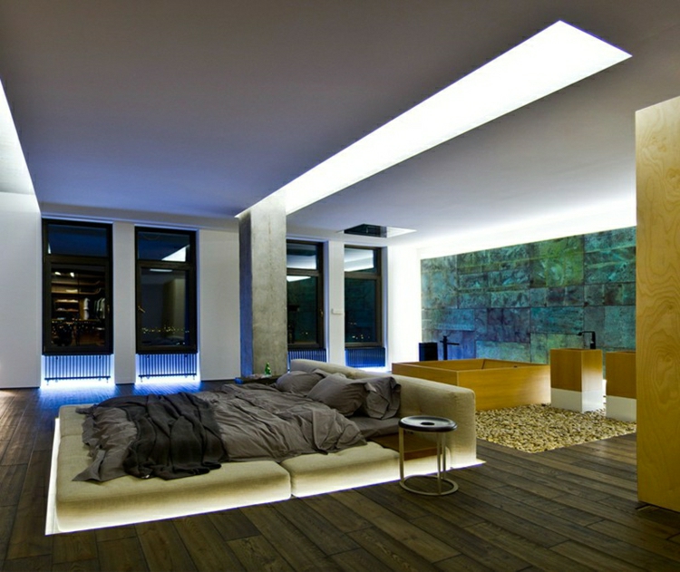 chambre-coucher-design-moderne-lit-éclairage-bain-bois