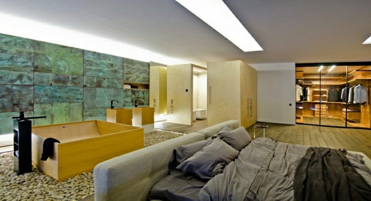 chambre-coucher-design-mur-vert-bain-bois-galets-zen chambre à coucher design