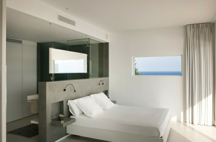 chambre-coucher-design-tête-lit-béton-paravent-vasques chambre à coucher design